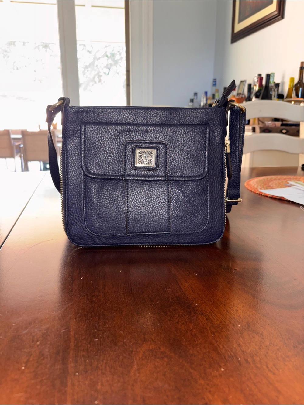 Anne Klein Navy Pebbled Leather Crossbody with Front Pocket and Logo Accent